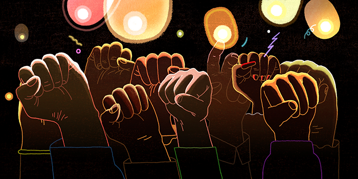 Illustration of raised fists of several people.