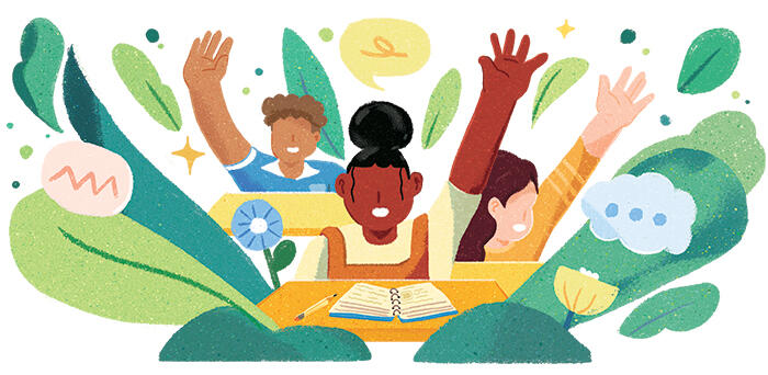 Illustration of kids raising their hands.