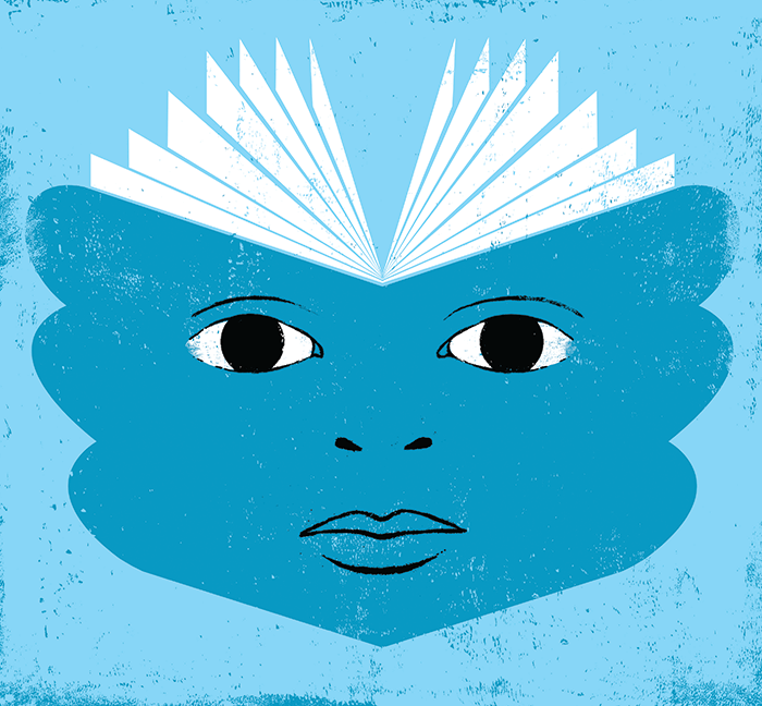Illustration of an open book with a face on the covers.