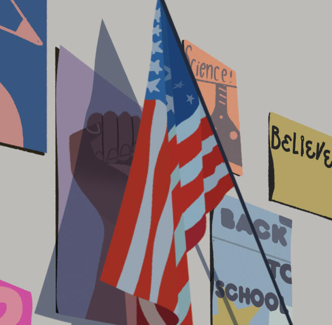 Illustration of an American flag covering a poster depicting a raised fist.