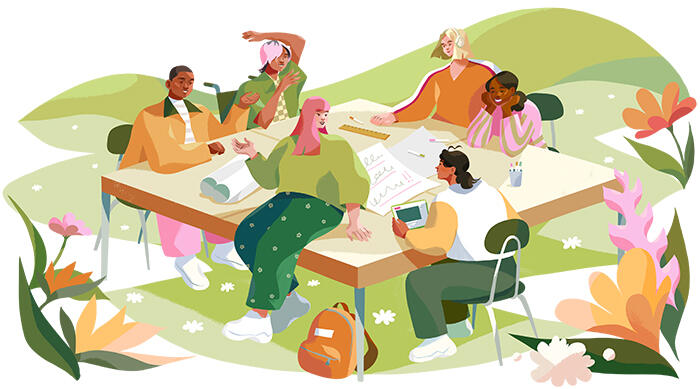 Illustration of several people gathered around a table.
