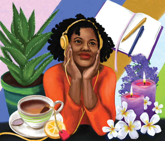 Illustration of a Black woman surrounded by calming and relaxing items.