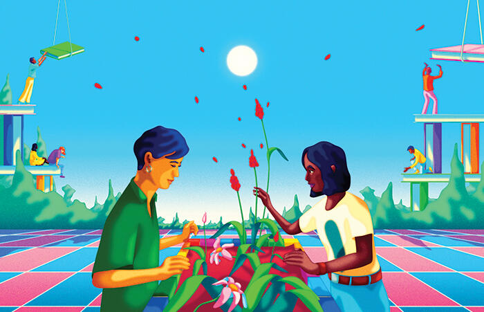 Illustration of two people tending to a small garden together.