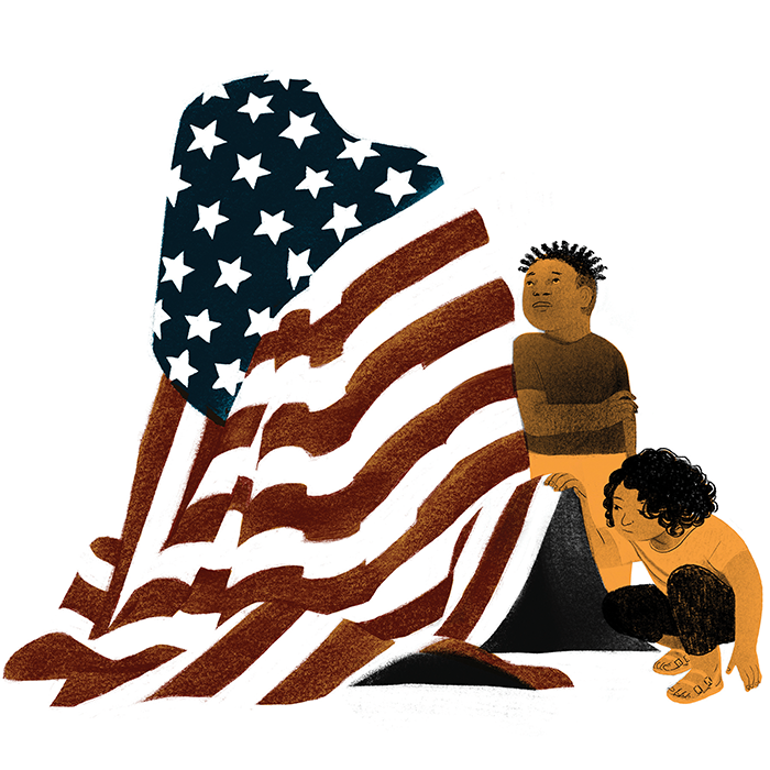 Illustration of children looking under a draped flag.