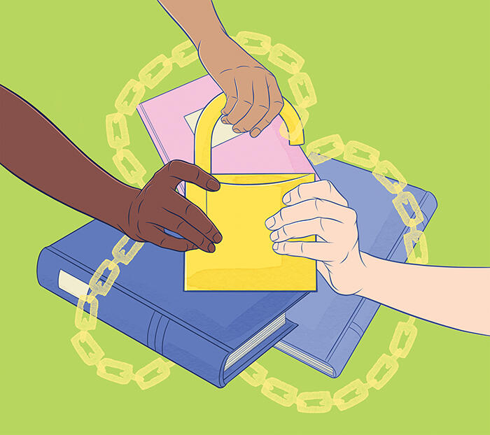 Illustration of hands holding an open lock in front of several books in chains.