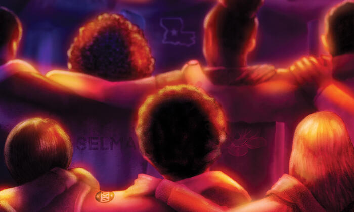 Magazine Cover illustration by Matt Williams-image of group of people with hands on one another's shoulders