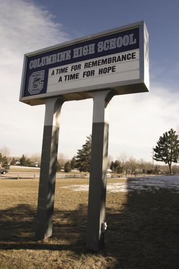 Columbine High School sign "A Time For Remember A Time For Hope"