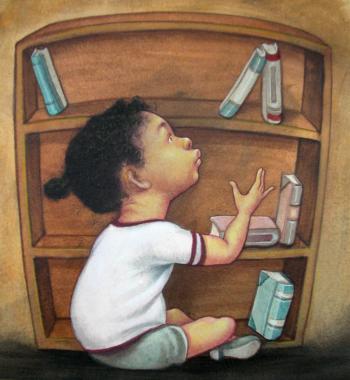 Teaching Tolerance illustration of sitting on the floor facing an almost empty shelves of books