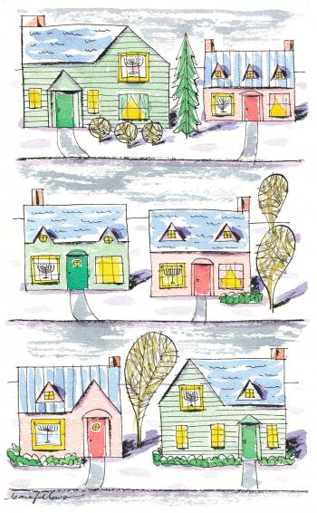 Teaching Tolerance illustration with houses with menorahs at the window