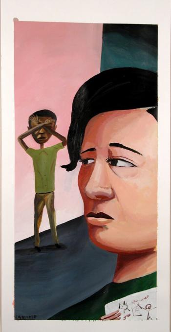 Teaching Tolerance illustration with a African American student in hands over his eyes while watched by a concerned teacher