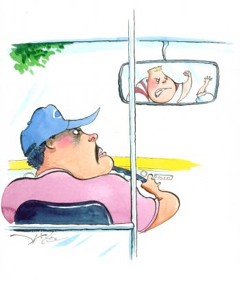 Teaching Tolerance illustration of school bus driver watching in the review mirror a kid bullying other students