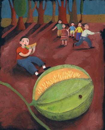 Teaching Tolerance illustration of a kid eating melon while other kids are afraid