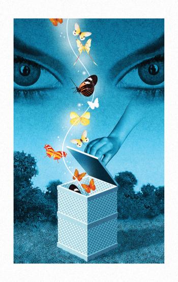Teaching Tolerance illustration of eyes watching a hand opening a box and releasing butterflies