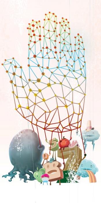 Teaching Tolerance illustration of food, number and other elements hanging on a vectorial hand