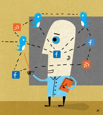 Illustration of a student juggling social media accounts