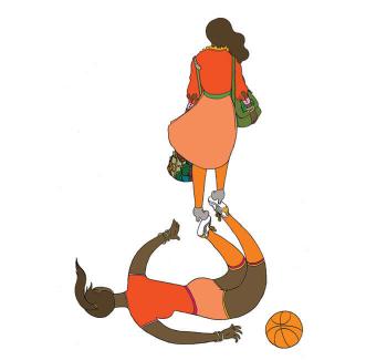 Title IX illustration of a female student whose shadow plays basketball
