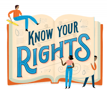 Illustration of a book with the phrase "Know Your Rights" written on it