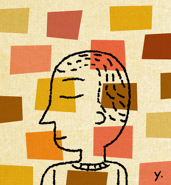 Illustration of a person with their eyes closed, with a background of colored squares.