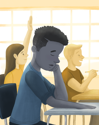Illustration of a student of color looking pensive under a shade of blue while other students in shades of yellow smile and look to the right.