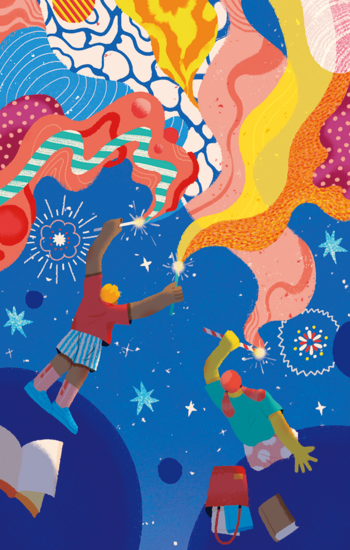 Colorful illustration of two people holding some kind of wand aloft, as a bright motley of colors spring forth and wind through the air.