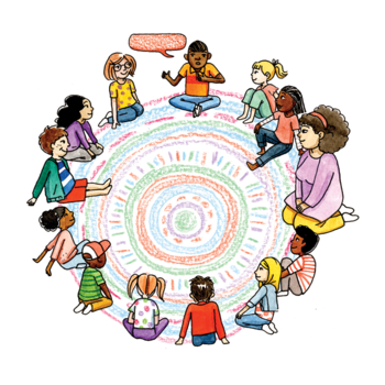 Illustration of a diverse group of young people sitting around a colorful circle. One of the younger people has a red speech bubble near their head while the others look at them.