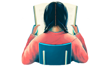 Illustration of a student reading a book.