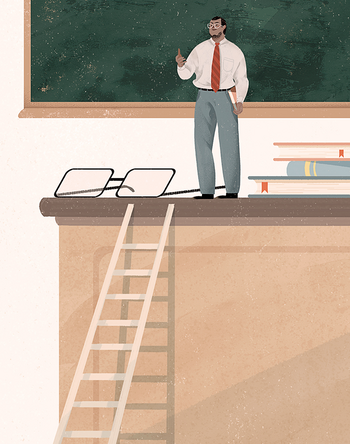 Illustration of a small teacher on top of a very large desk.