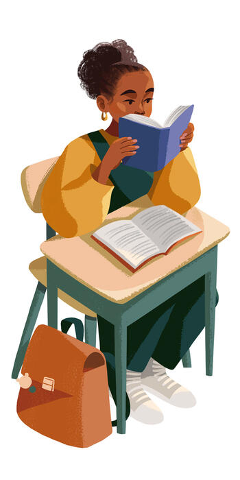 Illustration of Black student reading a book at their desk.